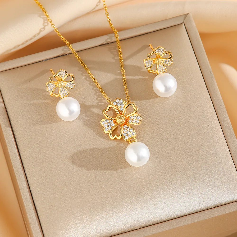 Elegant Women's Trendy Geometric Light Fashion Micro-Inlaid Flower Tassel Pearl Pendant Necklace Earrings Set Made Alloy