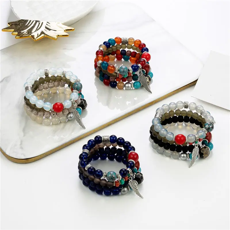 Coloful Boho Crystal Bead Multilayer Adjustable Wrap Charm Bracelet Set Women Fashion Wing Stone Summer Bracelet Jewelry