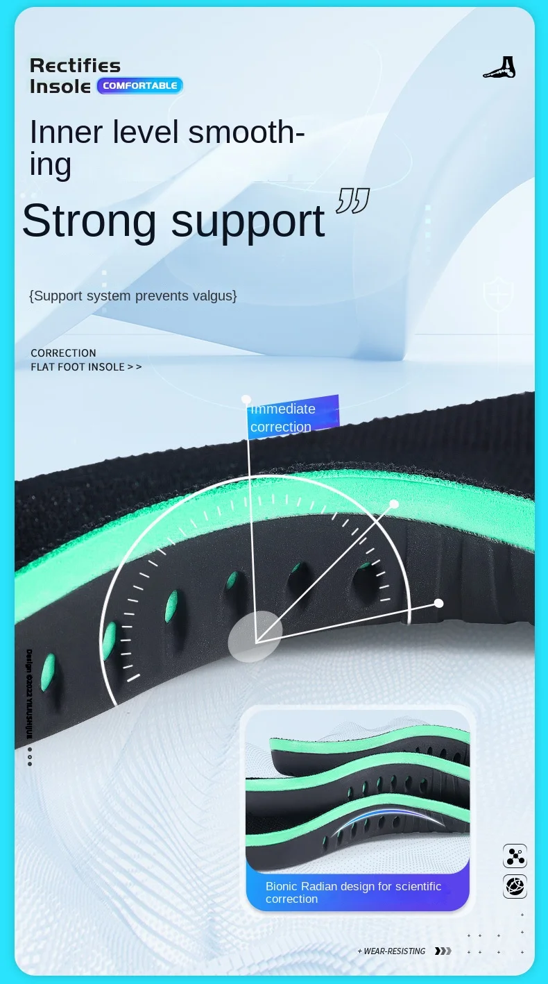 Sports Comfort Insole for Men Women High Arch Support Flat Bottom Sweat Absorbent Breathable Walking Posture Trainer Insole
