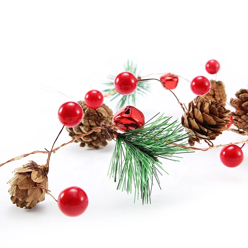 2m 20led battery powered copper wire pinecone +red cherry + bell decoration copper wire string light