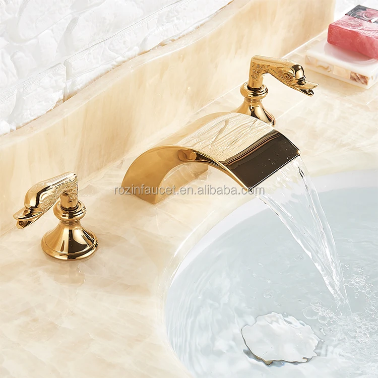 Gold Widespread Bathroom Sink Faucet Dual Handles 3PCS Basin Mixer Tap 