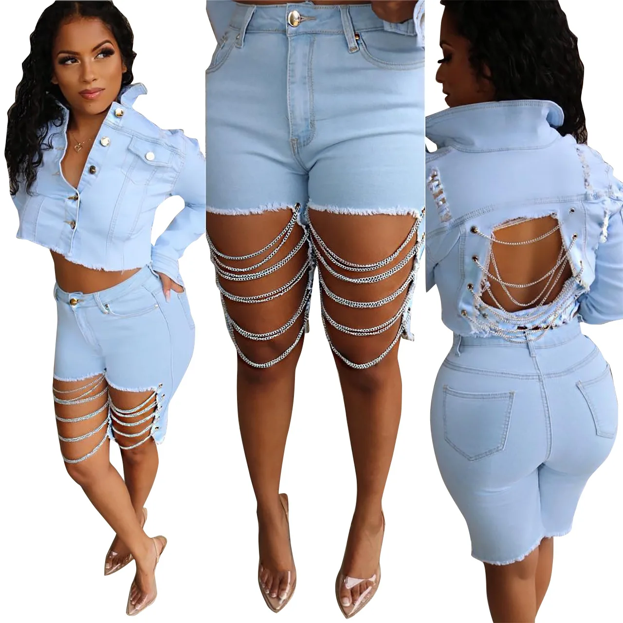 denim two piece short set