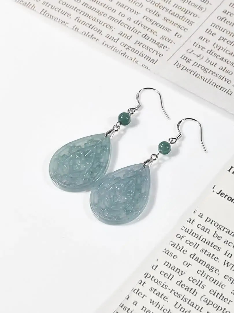 Natural Jadeite Blue Water Auspicious Pattern Earrings S925 Silver