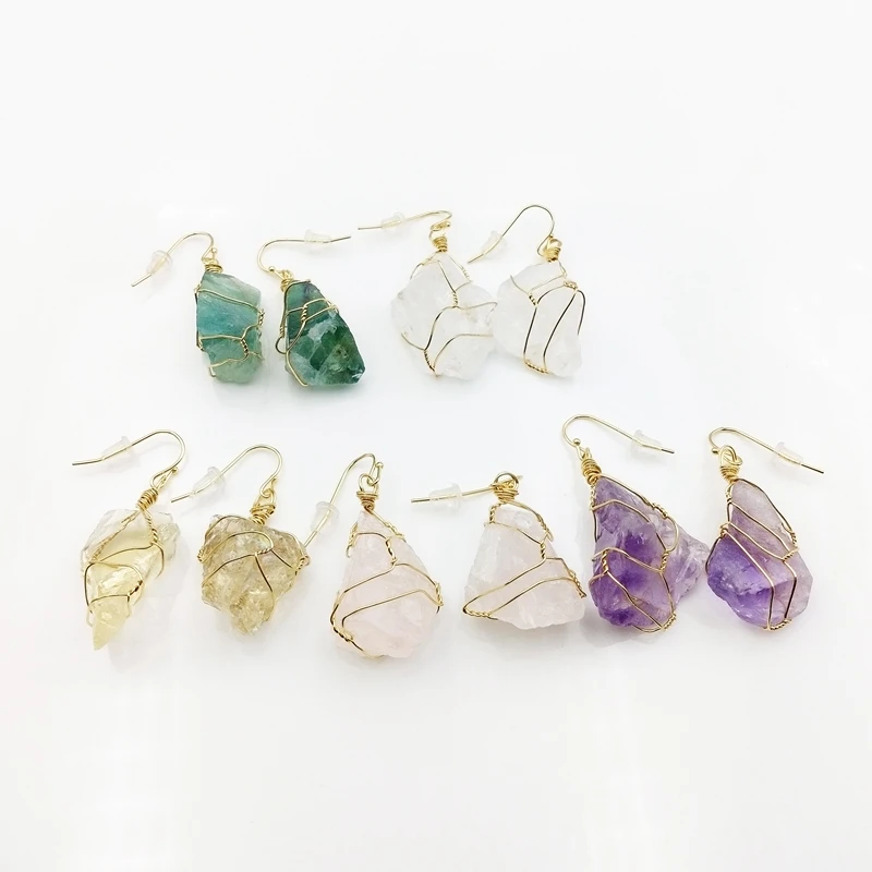 Wholesale new unique lasted 24k real gold plated hoop crystal statement earring wire wrapped raw natural gemstone dangle earrings L845