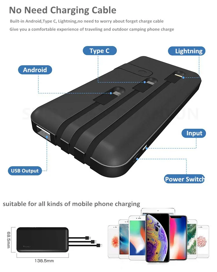 10000mAh Portable Charger Ultra Slim Power Bank 4 Output 1 Input External Battery Pack with Phone Holder for Iphone 11Pro Max