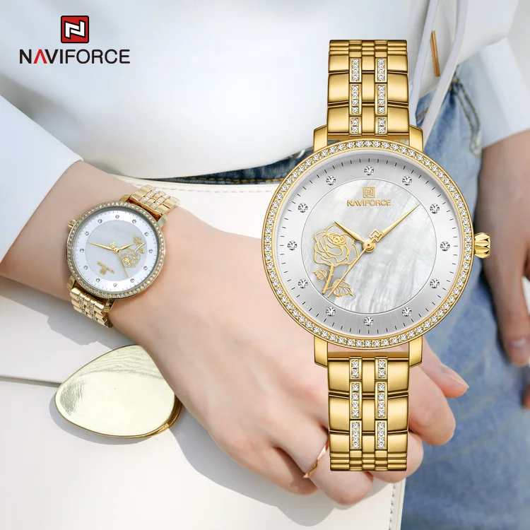 NAVIFORCE 5017 GW Wholesale Custom Logo Gold Watches Women Wrist Luxury Diamond Lced Out Stainless Steel Female Relojes Hombre Alibaba