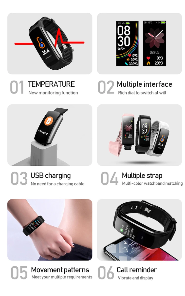 Cheap price sports bracelet fitness tracker band smart C6T temperature health smart wristband