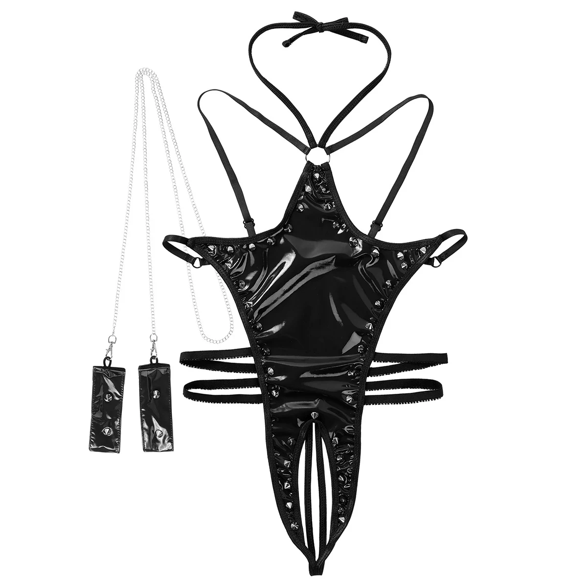 Pvc Leather Sexy Lingerie Crotchless Thong Leotard Halter Neck Bare Exposed Breasts Sex Teddy