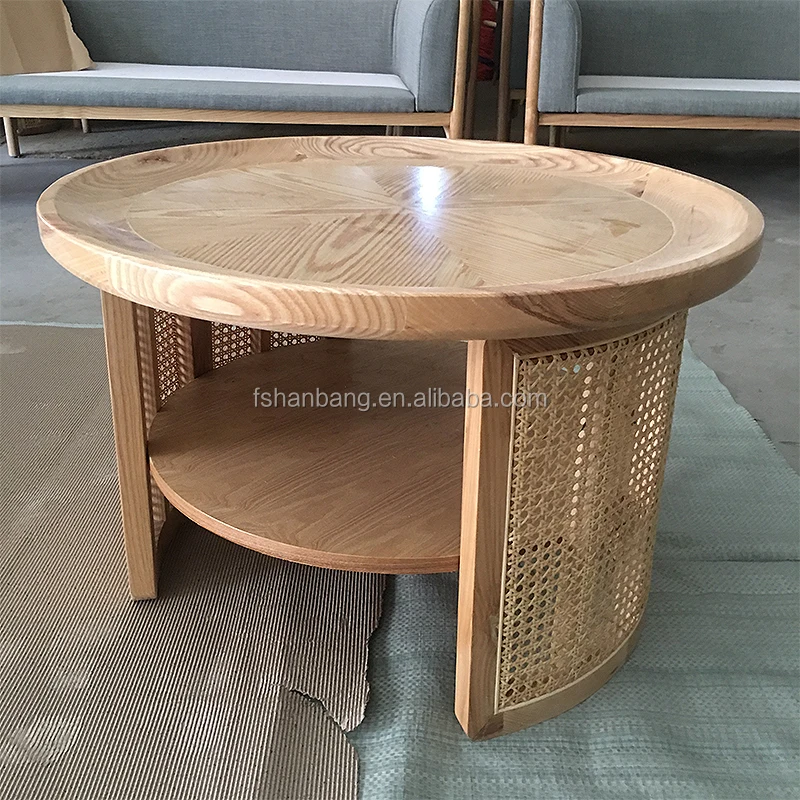 Round Natural Rattan Cane Wooden Coffee Table