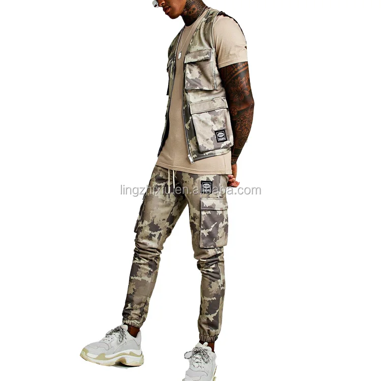 camo utility vest & jogger set with 3d pockets