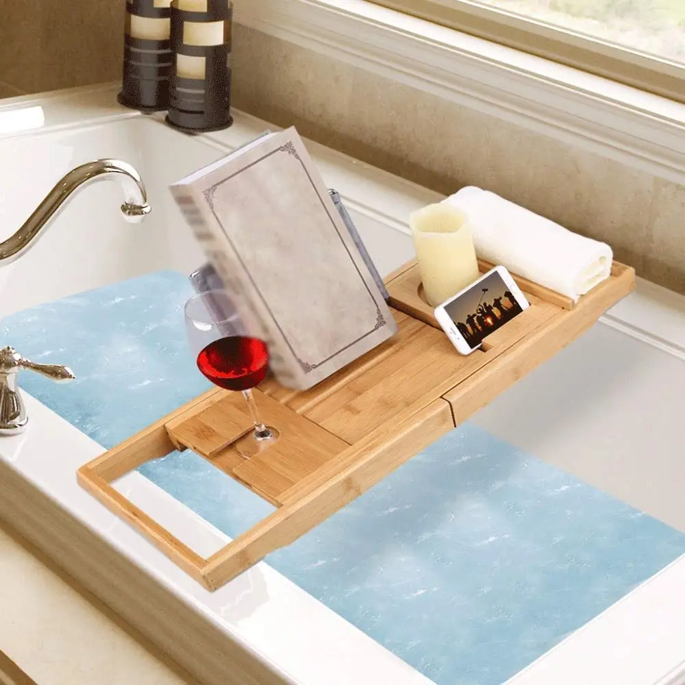 Wood Bamboo Luxury Bath Caddy For Your Book,Tablet Or Smartphone