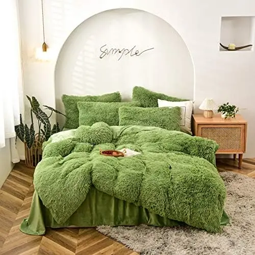 3pcs Ultra-Soft Fluffy Luxury Green Duvet Cover Set Shaggy Ultra-Soft Cozy Bedding with Long Faux Fur Cozy Green factory