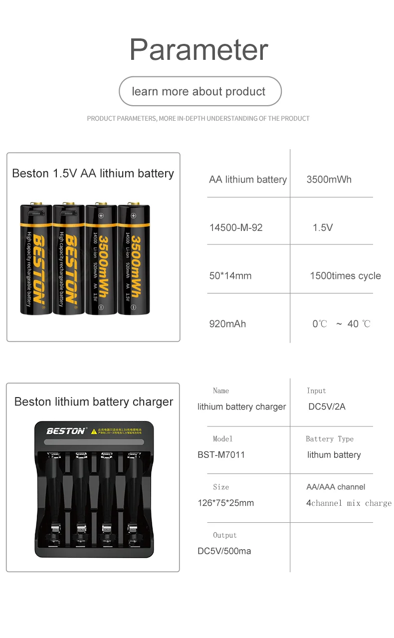 Beston 1.5v Lithium Battery Cell 3500mwh Long Lasting Usb Rechargeable Double A Liion Batteries