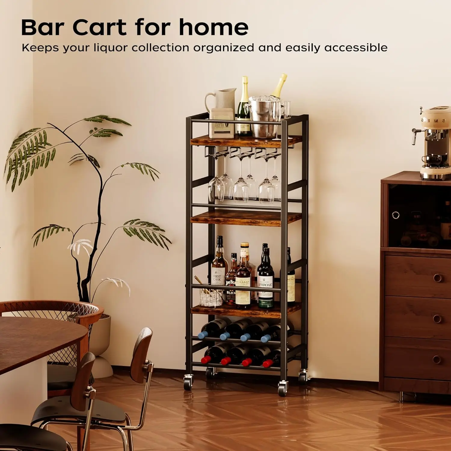 product bar cart with 5 tier shelf mobile kitchen shelf with wine rack and glass holder mini bar cart for small spaces rustic brown-4