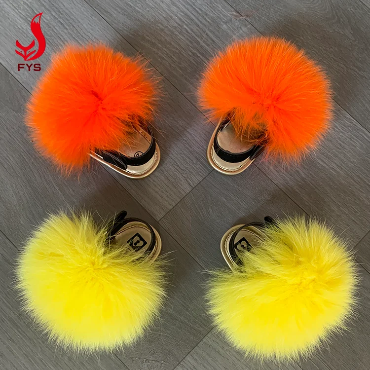
Custom color soft baby kids fur slipper set toddler fur slides with strap in the back 