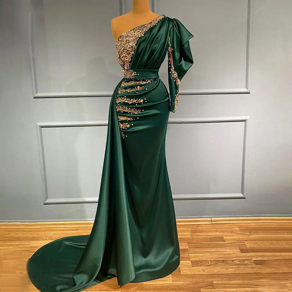 Green Mermaid Satin Evening Dresses Gowns 2022 Beaded One Shoulder Elegant  for Women Blue Party Dresses