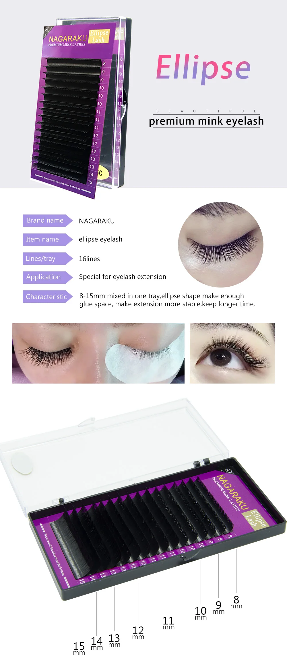 Nagaraku Flat Ellipse Mink Eyelash Extension Dark Black 16 Rows B C D ...