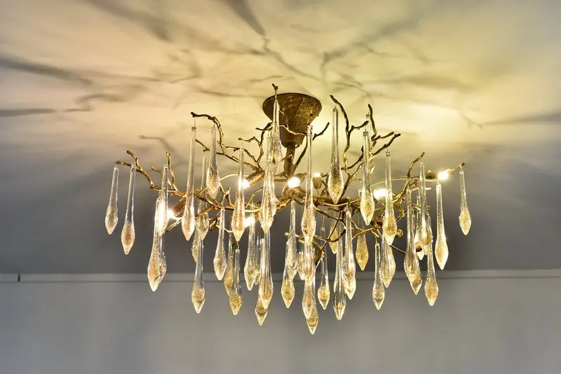 MEEROSEE Copper Chandelier Icicle-Trimmed Crystal Pendant Lights Gold Brass Lamp Wedding Decoration Rattan Lighting MD87013