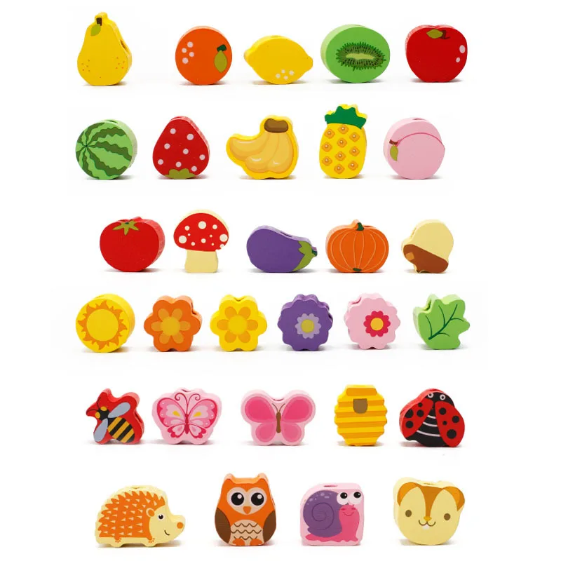 Wooden Lacing Toys Fine Motor Skills with Fruit and Vegetable Beads Threading Wooden Educational Stringing Toy