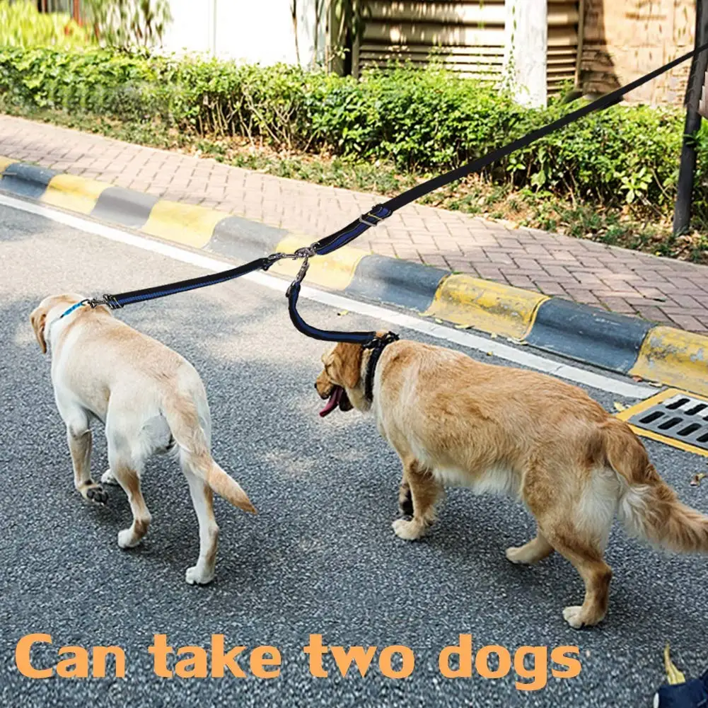 Reflective Nylon Dual-use Bungee Walking Training Leash with Soft Padded Handle for Two Medium Large Dogs