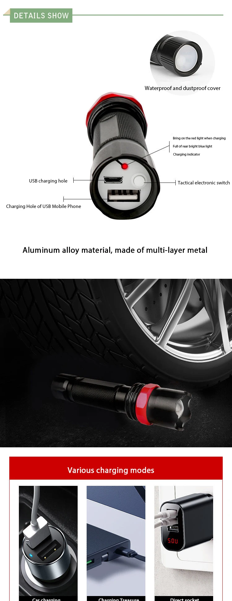 Outdoor Multi Function Zoom Mini USB Rechargeable Battery LED Flashlight