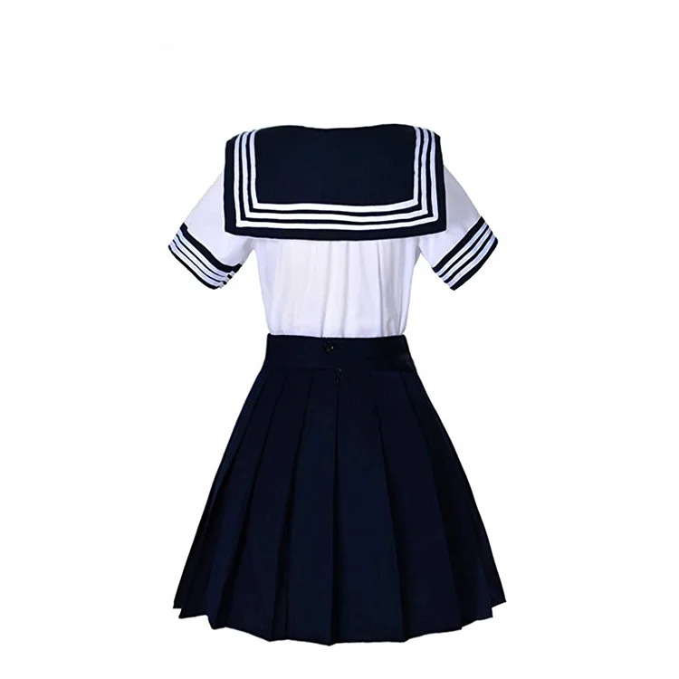 日本学校女孩短袖制服水手海军蓝色百褶裙动漫角色扮演服装与袜子套装