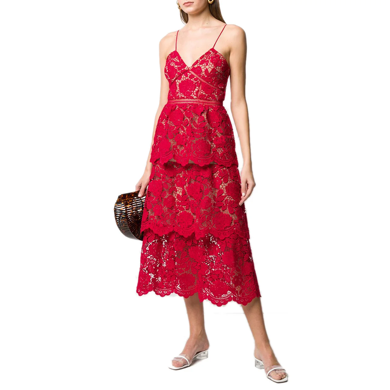 
OEM Women Sexy V-neck Floral Multilayer Lace A-line Spaghetti Straps Lace Party Prom Midi Dress Fashion Wholesale Red 