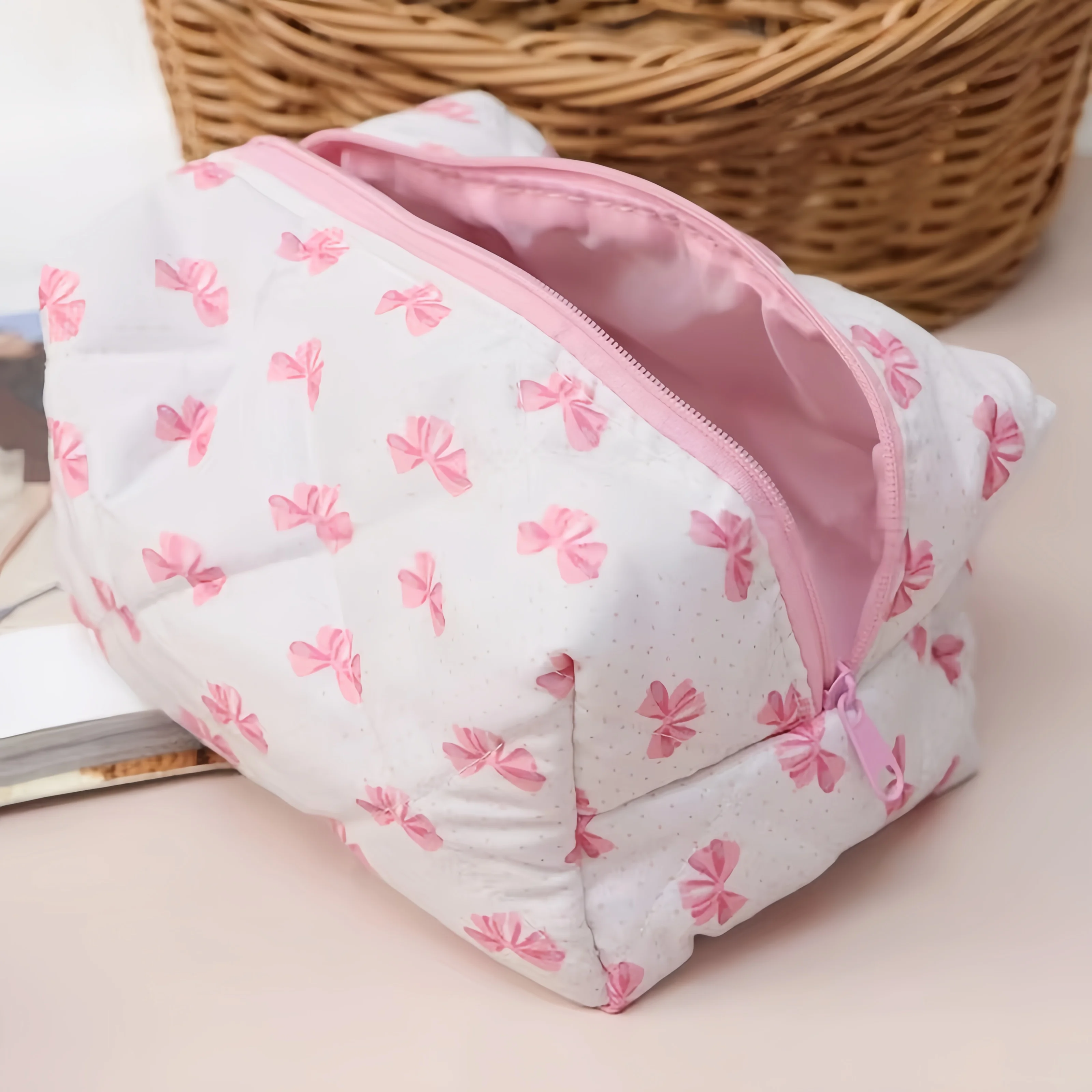 product super fashion cotton fabric makeup organizer cute bowknot jewelry cosmetic storage bag with durable zipper for home travel-97