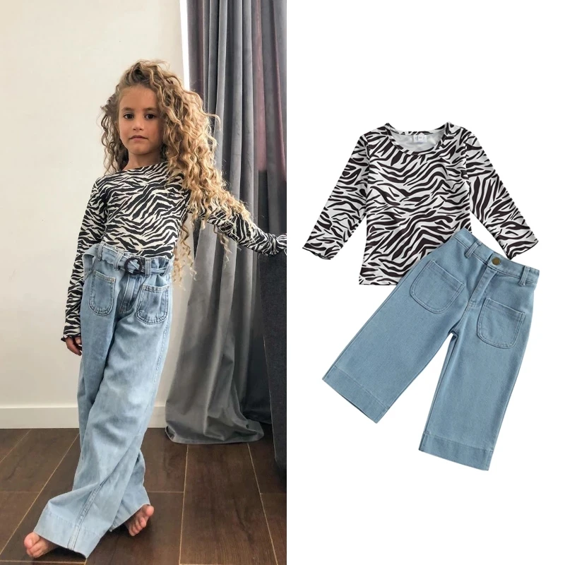Details about   2PCS Kids Baby Girls Outfits Stripe long sleeve Tops Denim pants Clothing Sets 