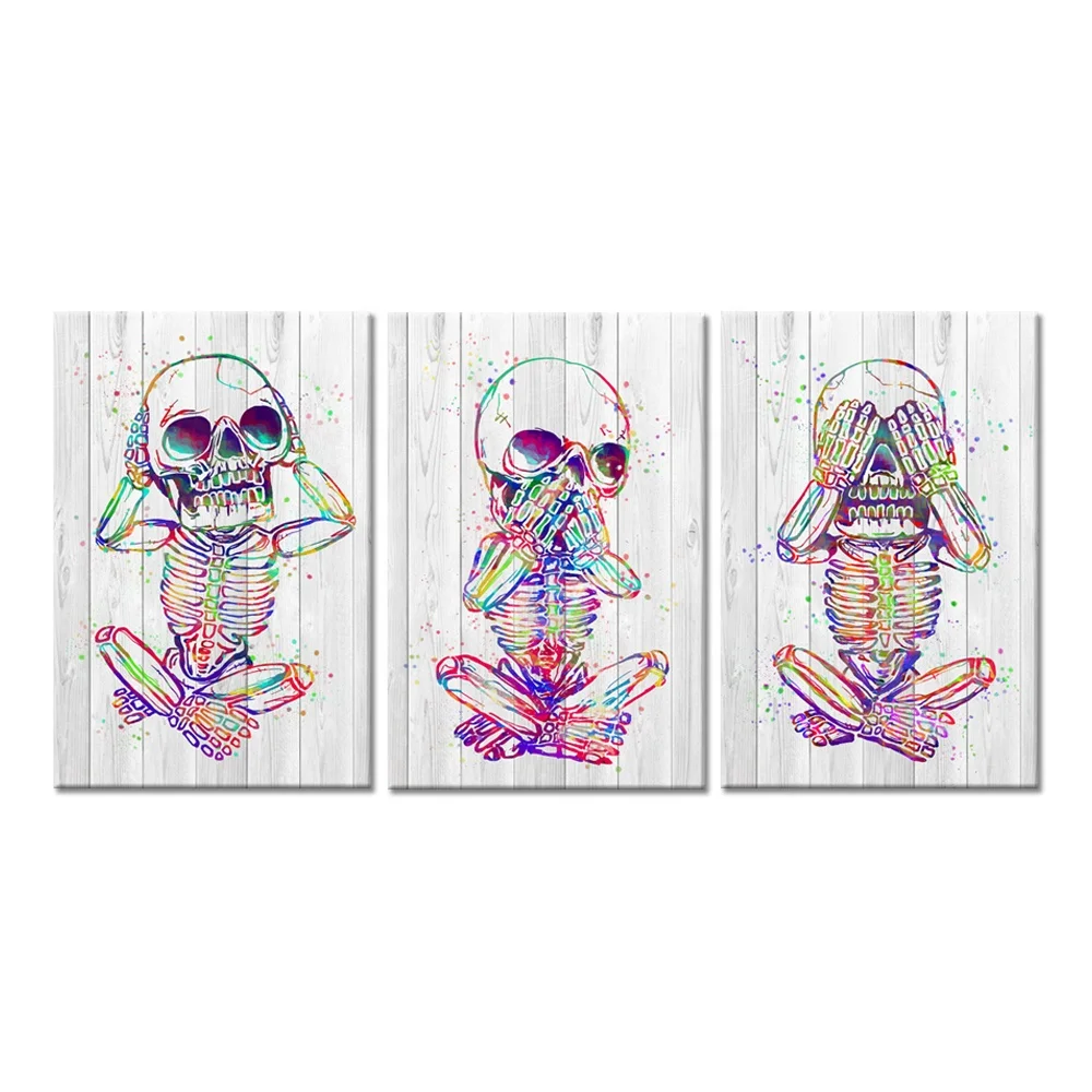 3 Pieces Funny Canvas Wall Art Hear See Speak No Evil Human Skeleton Set The Day Of Dead Skull Picture For Modern Home Decor Buy Skull Wall Art Skeleton Picture Picture For Living