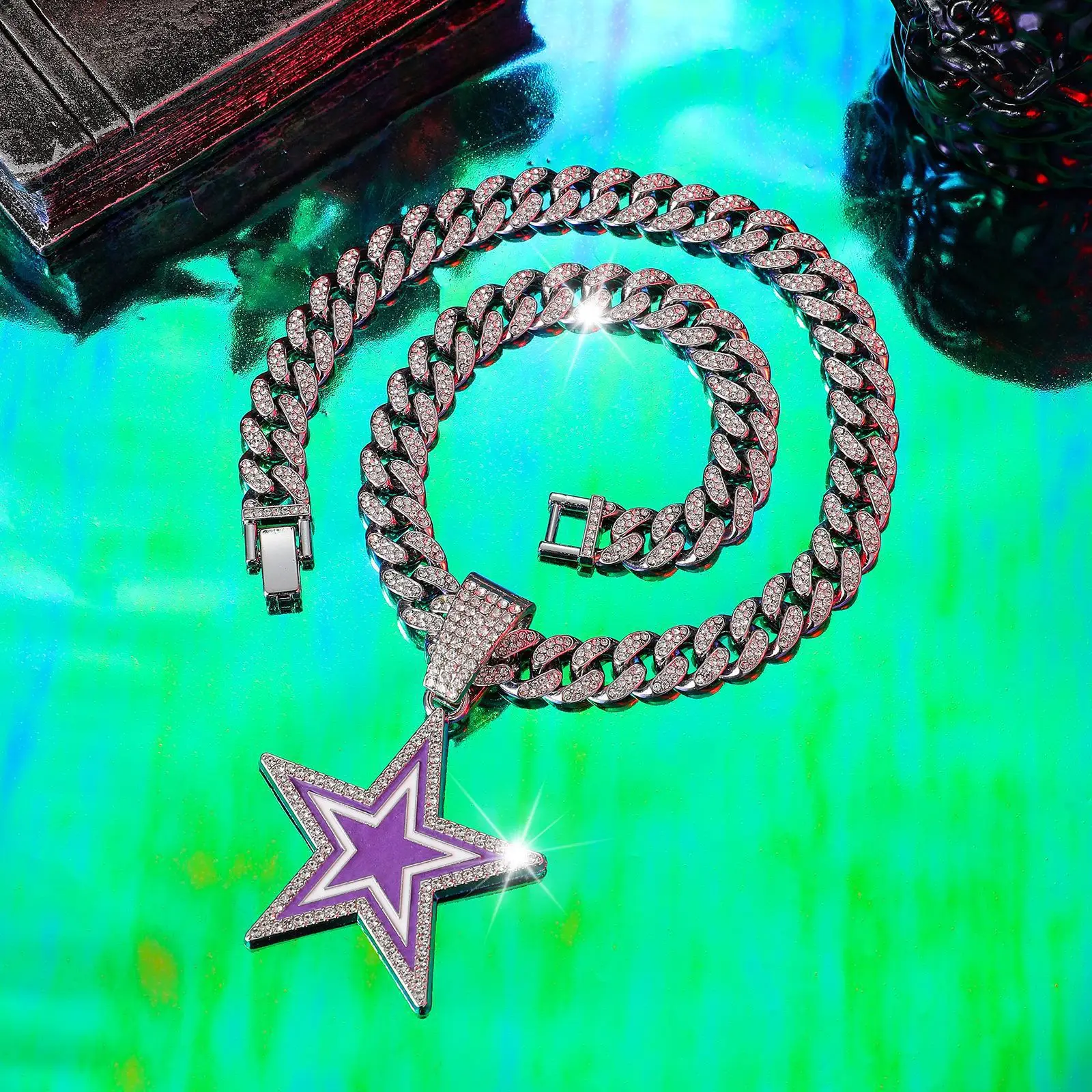 product european american style full diamond blue five pointed star pendant necklace fashionable hip hop design for men women for gift-13