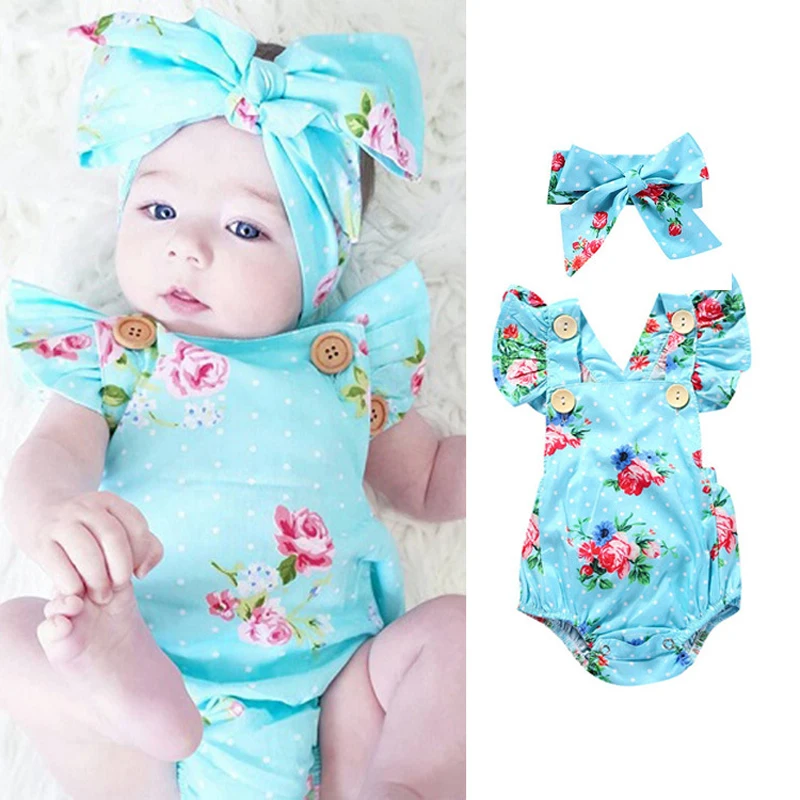 2PCS Newborn Infant Baby Girls Romper Jumpsuit Swimsuit+Headband Outfit Clothes 