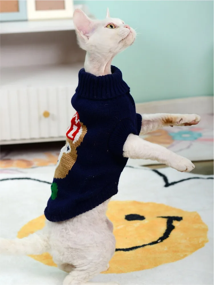 Luxury Cat Sweater Hairless Male Cat Winter Warm Costume Acrylic Christmas Print Cartoon Design Pet Apparel