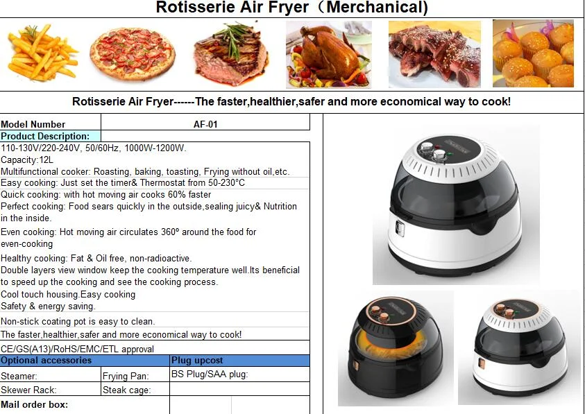 12l Big Capacity Turbo Rotisserie Convection Without Oil Air Deep Fryer