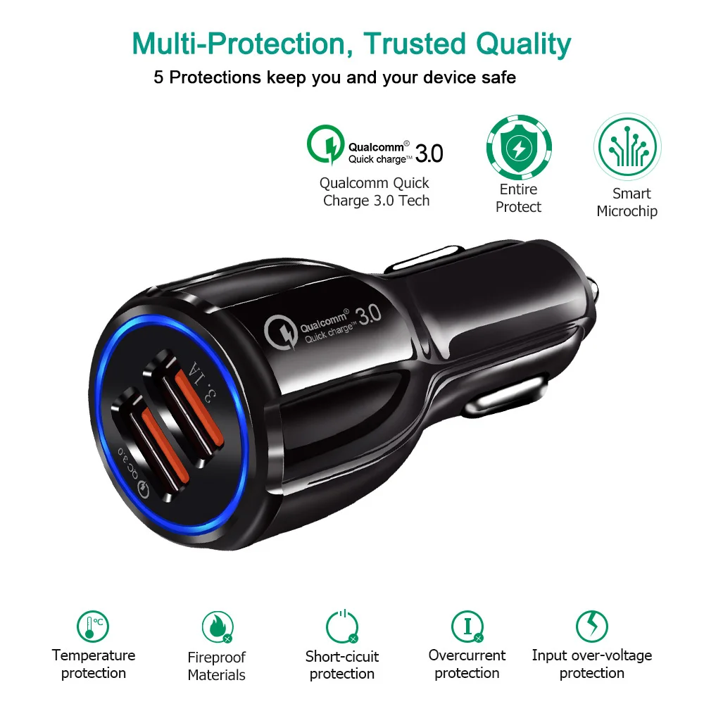 Top Quality QC 3.0 fast charge 3.1A Quick Charge car Charger Dual USB Fast Charging Phone Charger With OPP bag