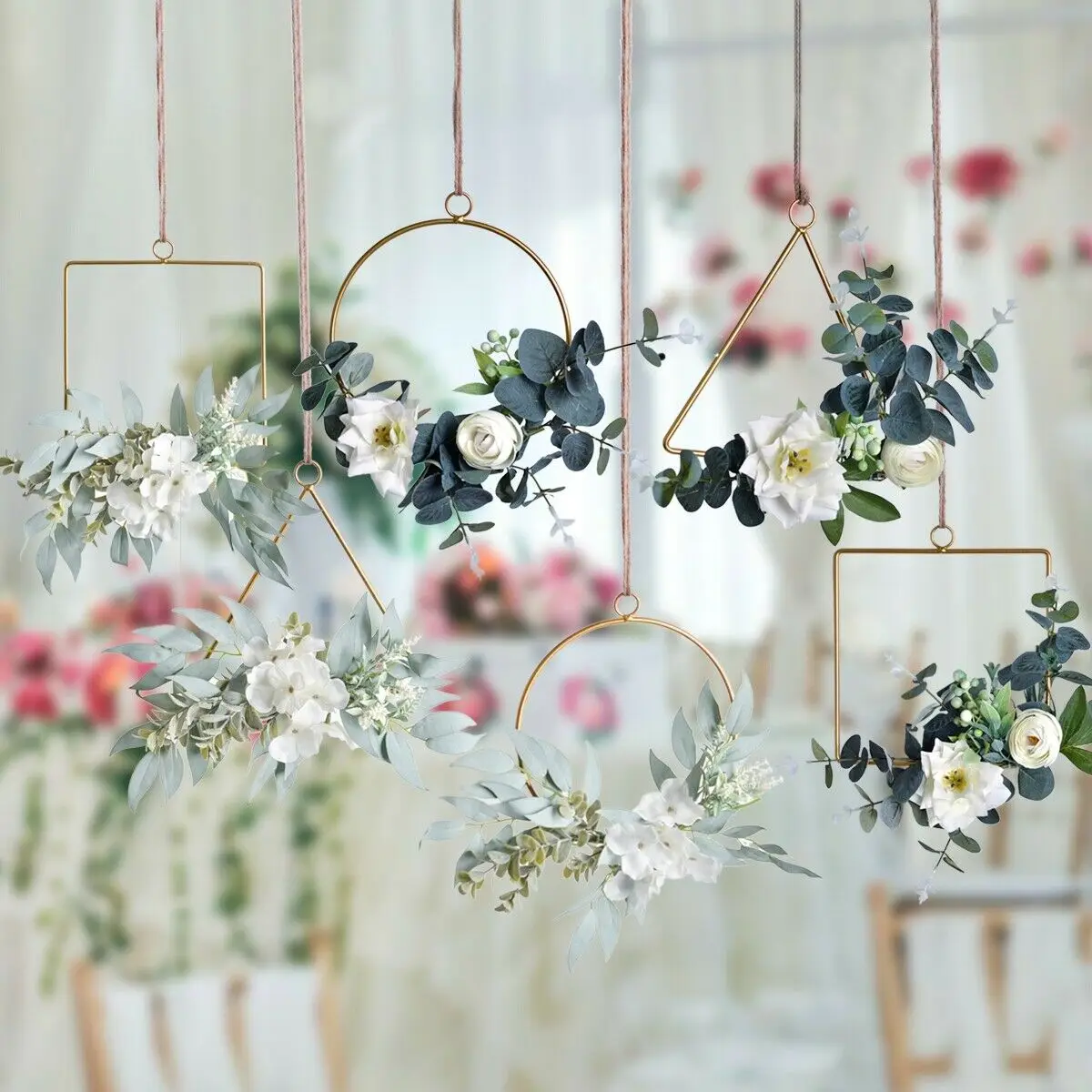 Healifty 3PCS Metal Hanging Hoop Floral Wreath Geometric Wire Round Square Triangle Artificial Rose Flower Wall Hanging Hoop Garland for Wedding Party Nursery Wall Home Decoration