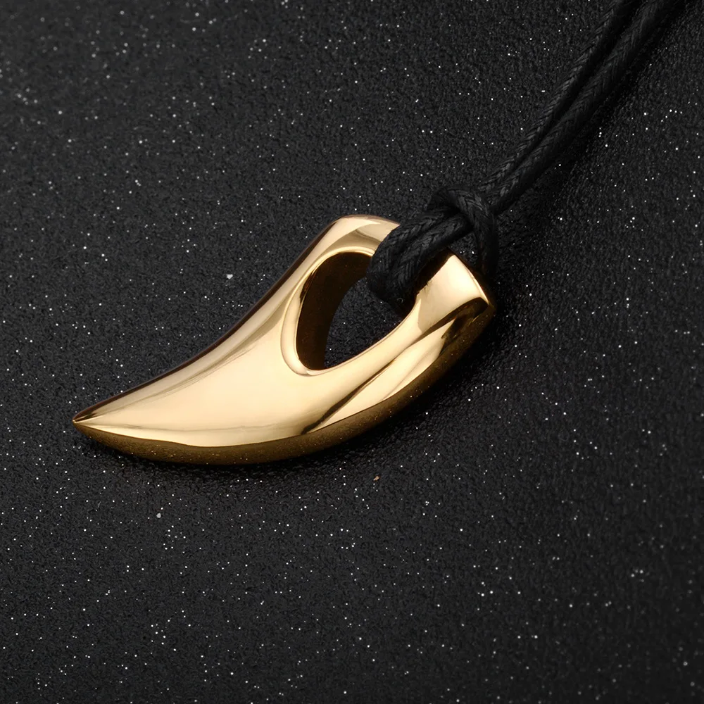 民族黑色高抛光不锈钢牛角造型吊坠时尚男童吊坠项链配皮绳链