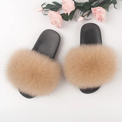 
custom winter warm indoor slippers women non-slip tpr 3cm soles fox soft fur slides 