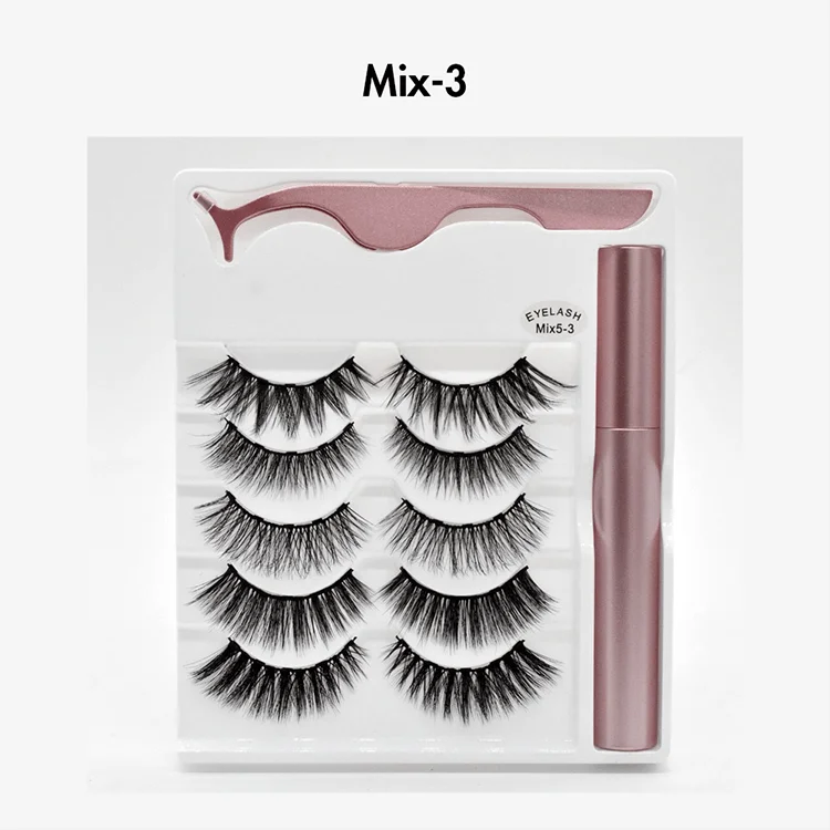 Wholesale 5 Pairs Lash Vendor Private Label Logo Natural 3d Mink  False Eyelashes With Magnetic Liquid Eyeliner Set Eyelashes