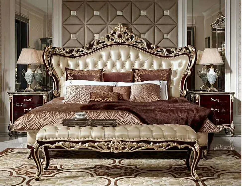 hot sale European classical style antique solid wood royal luxury genuine leather livingroom sofa set