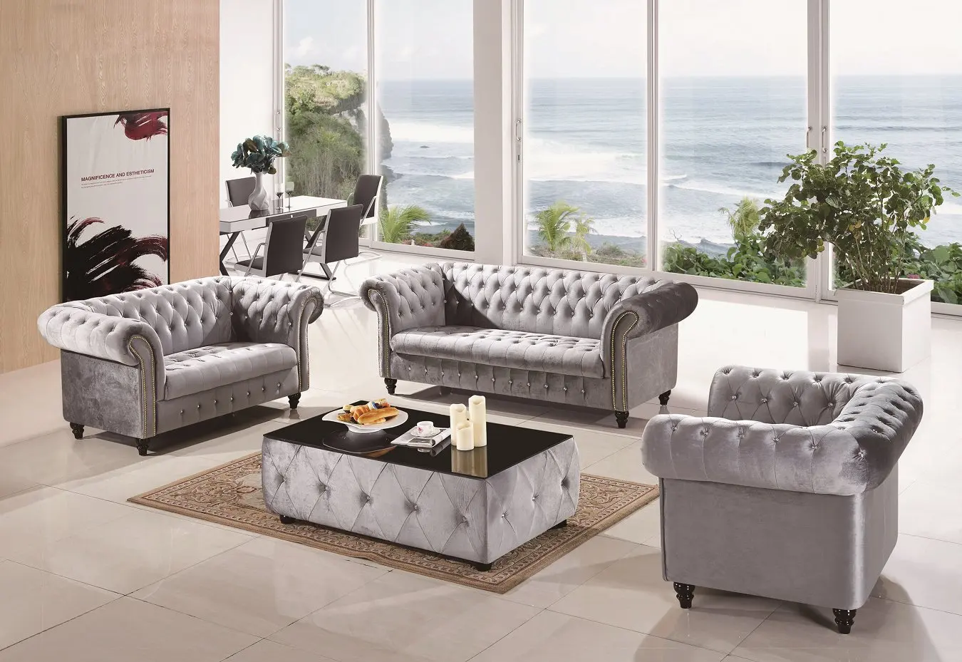 Modern Tufted Velvet Fabric Living Room Sofa Set