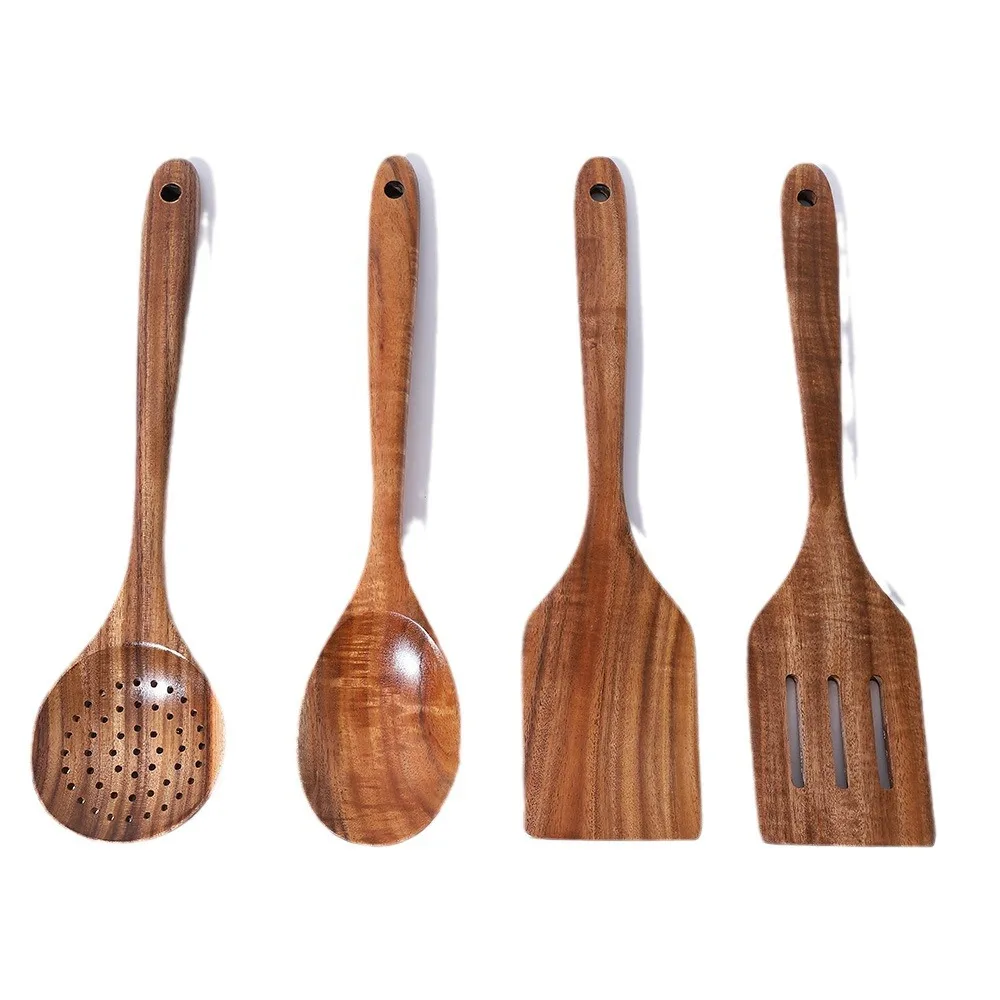 product customized logo wholesale home kitchen utensils set wooden teak wood scraper and spatula cooking tools-2