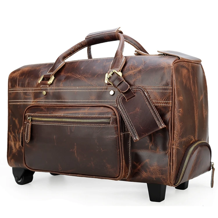 Mens Leather Travel Bags Luggage Customized Genuine Leather Trolley Duffel Bag