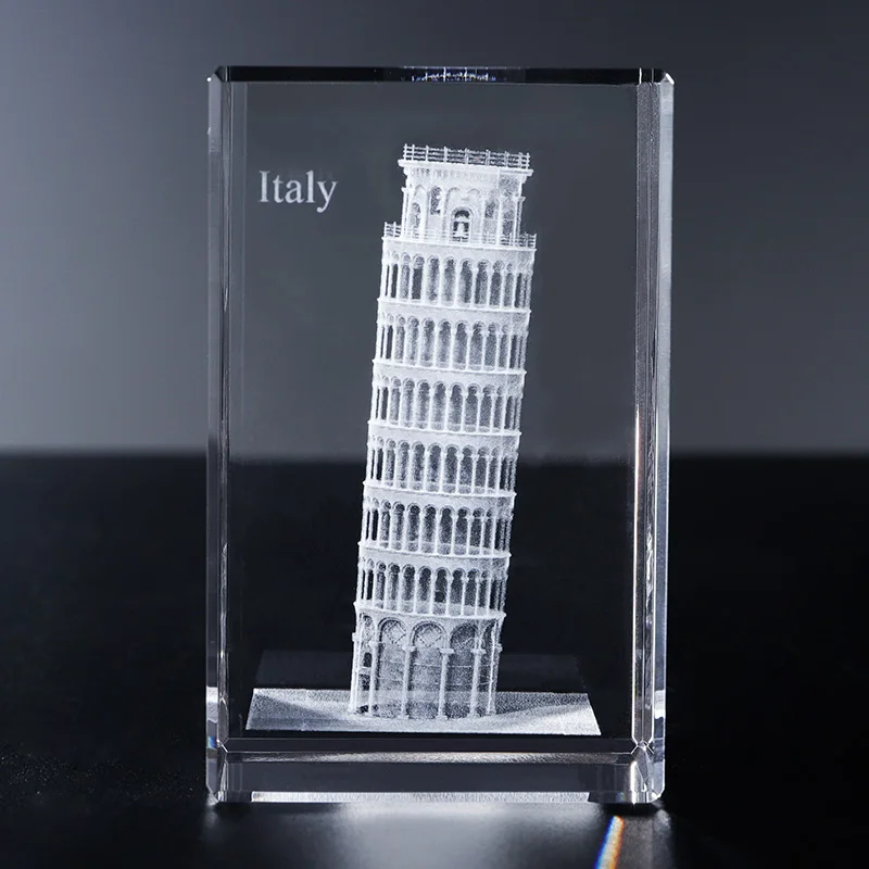 3D Laser K9 Crystal  Blocks  Italy Venetian Building Leaning Tower Carved Blank Cube with Gift Box Mascot Theme supplier