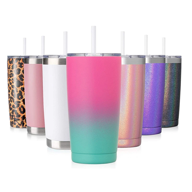 

Popular Design Gradient Color Powder Coated 20oz Double Wall Stainless Steel Coffee Tumbler with Straw, Customized colors acceptable