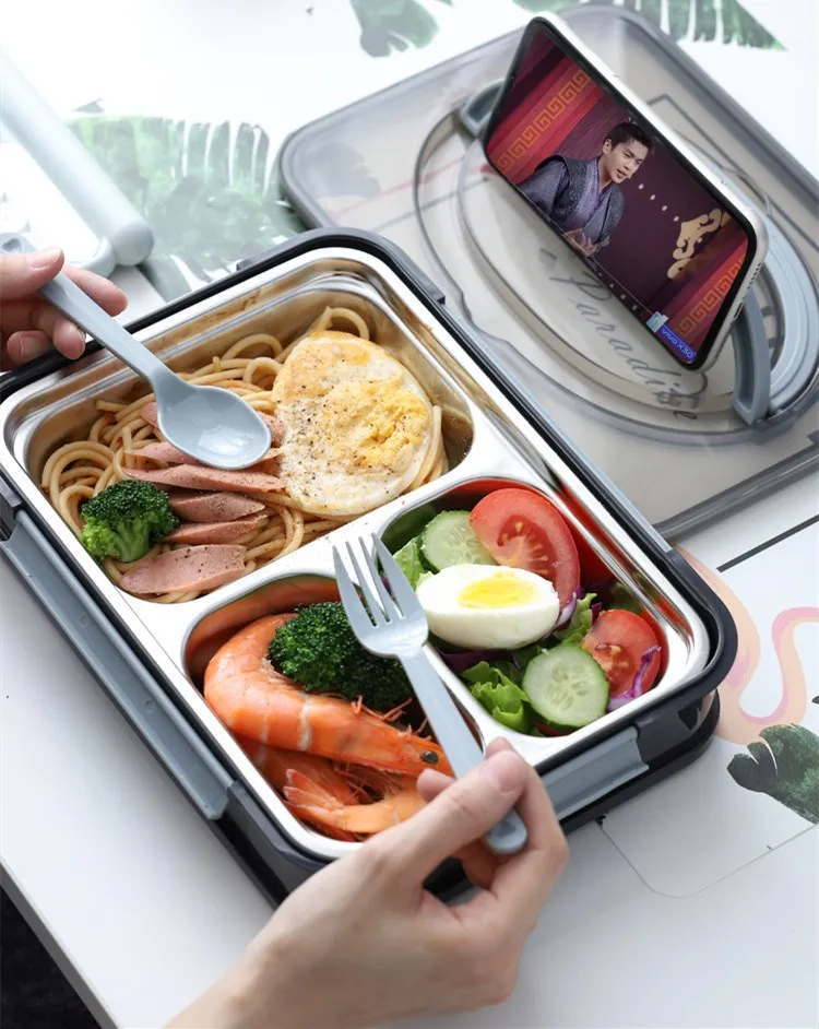 2020 New 304 Stainless Steel Lunch Box With Tableware Student Adult Split Grid Portable Multifunctional Bento Lunch Box