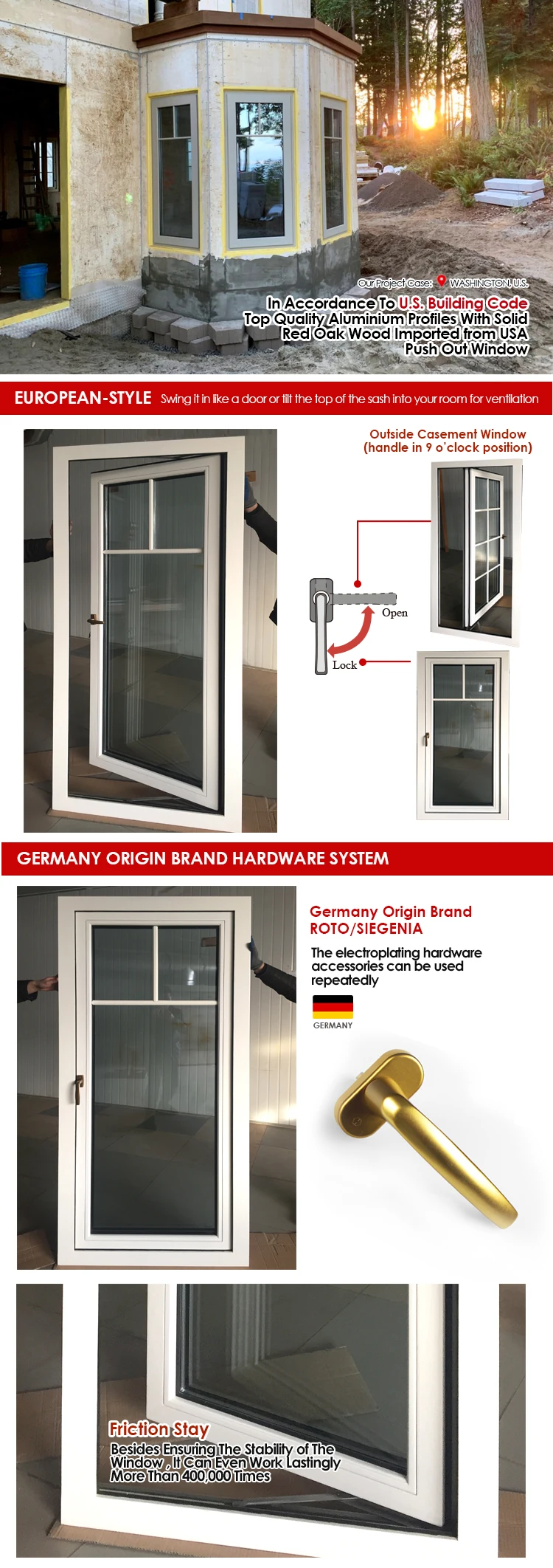 Doorwin CE NFRC European Style Germany Hardware heat insulation outswing casement windows