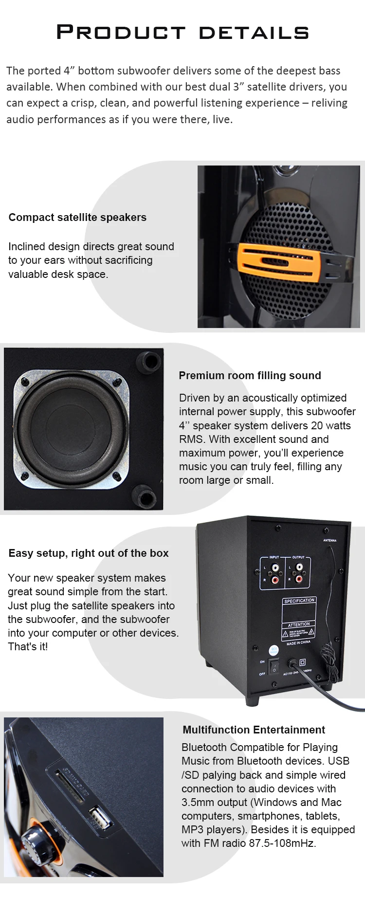 FM radio 2.1ch 20W Bluetooth Wireless Home Theater System Speaker - ANKUX.COM