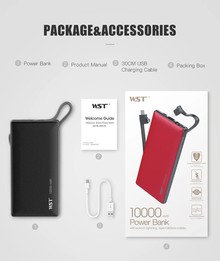 WST Promotional Gift Dual Input Output Power Bank 10000mah Powerbank with Built in Cable