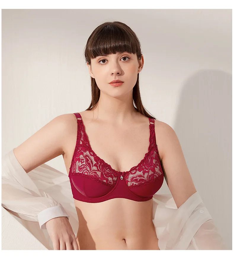 Ultra-Thin Large Size Steel Ring Bra Sexy Lace Lingerie with Adjustable Gathered Cups Breathable Feature for Foreign Trade
